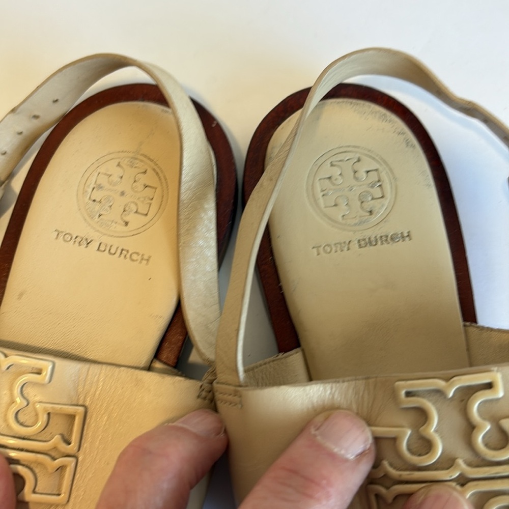 Tory Burch Cream Leather Double-Strap Logo Flat Sandals - Picture 8 of 10